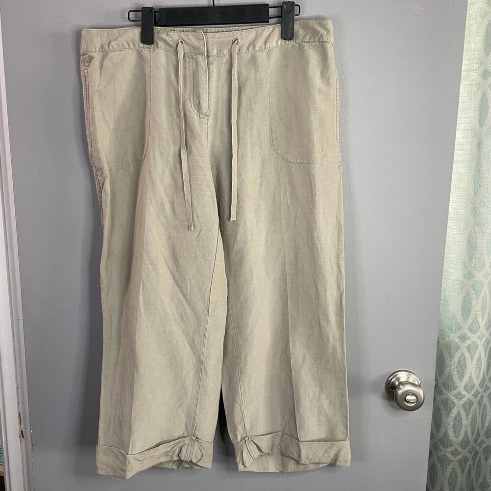 J. Jill Womens 12 Khaki Silk Linen Blend Wide Leg Cropped Casual Pants